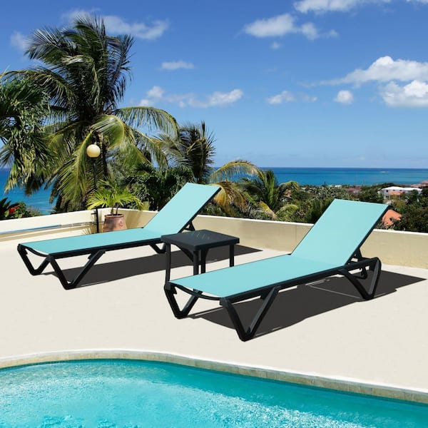 Runesay 2-Piece Blue Metal Outdoor Chaise Lounge Polypropylene Poolside Sunbathing Chair with Adjustable Backrest and 1-Table