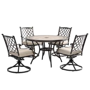 5-Piece Cast Aluminum Dining Set with Round Tile-Top Table and Diagonal-Mesh Backrest Swivel Chairs with Beige Cushion
