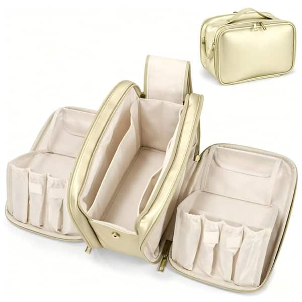 Large Capacity Travel Garment Bag in Gold, PU Leather, 3 Compartments, Waterproof Makeup Organizer with Brush Holder