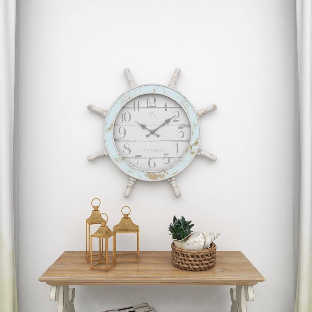 Blue and White Ship Wheel Nautical Wall Clock, 28"