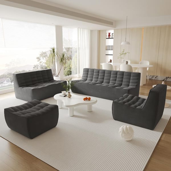 J&E Home 82.68 in. Armless 4-piece Linen Polyester Modular Free Combination Lazy Sectional Sofa in. Black with Ottoman