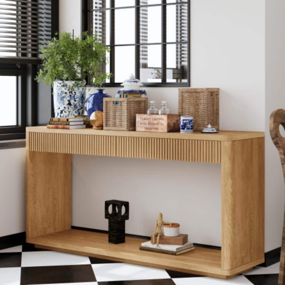 60" Fluted Console Table with 2 Drawers, Natural Wood Veneer Sofa Table for Entryway