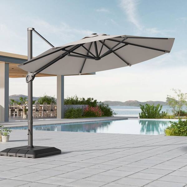 11 Feet Patio Cantilever Umbrella With a Base, Outdoor Offset Hanging 360° Rotation Aluminum Umbrellas, Gray