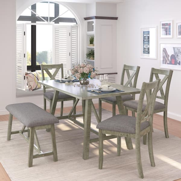 Harper & Bright Designs Rustic Style Gray 6-Piece Wood Dining Table Set with 4 Upholstered Chairs and Bench