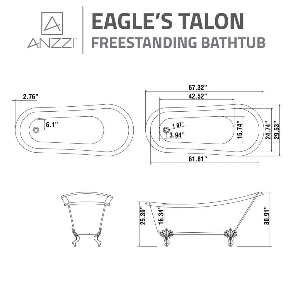 Diamante 67'' White Acrylic Clawfoot Slipper Bathtub