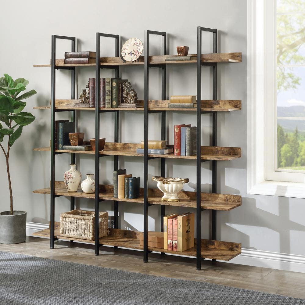 71 in. Brown Wood 5-Shelf Accent Bookcase with Storage