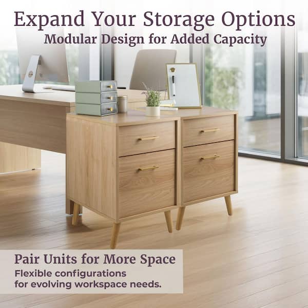 2-Drawer Natural Engineered Wood 20 in. Pedestal File Cabinet with Gold Handles