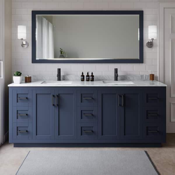 Wyndham Collection Miranda 84 in. W x 22 in. D x 33.75 in. H Double Sink Bath Vanity in Dark Blue with White Carrara Marble Top and Mirror