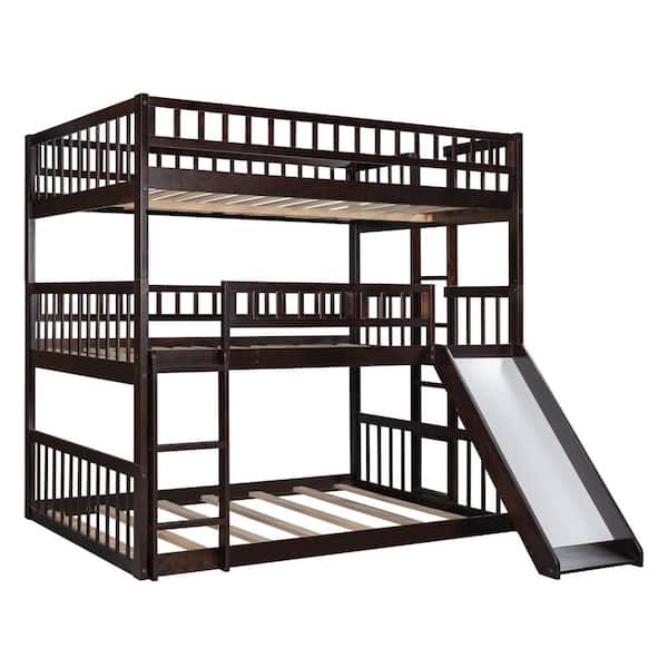 Donason Espresso Full Over Full Over Full Triple Bunk Bed with Guardrails Ladder and Slide