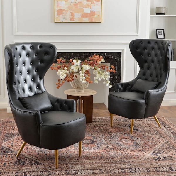 Black Modern Upholstered Tufted Faux Leather Wingback Dining Chair (Set of 2)