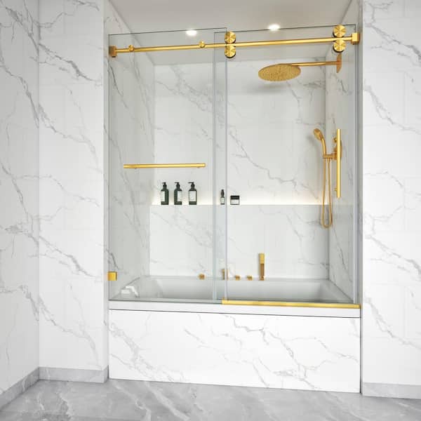 MOHALEN 56-60.5 in. W x 66 in. H Single Sliding Frameless Tub Door in Brushed Gold with 3/8 in. Clear Tempered Glass