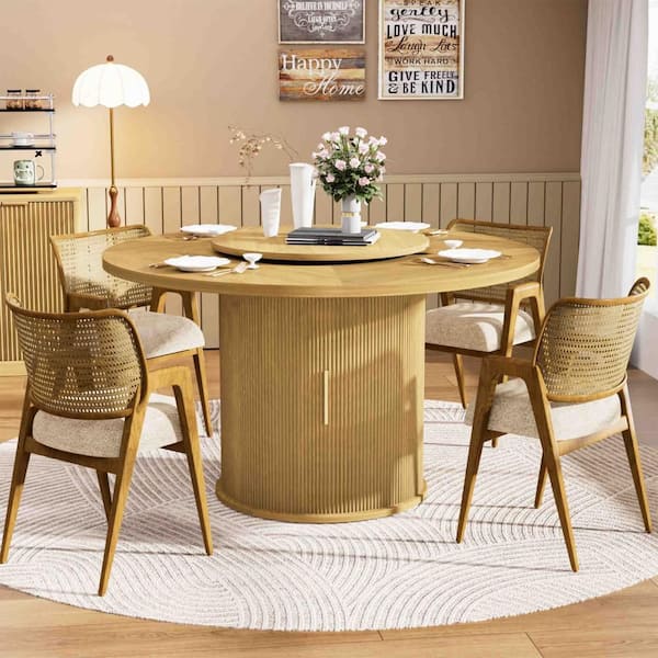 Natural Wood 55.1 in. Pedestal Base Dining Table Seats 6 with Double-tiered Storage Rack and a Rotating Tabletop Tray