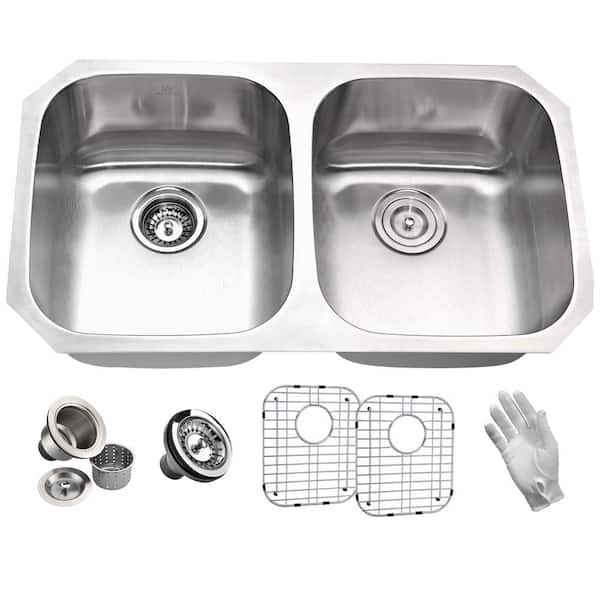 MOORE Series Undermount Stainless Steel 32 in. 0-Hole Double Bowl Kitchen Sink