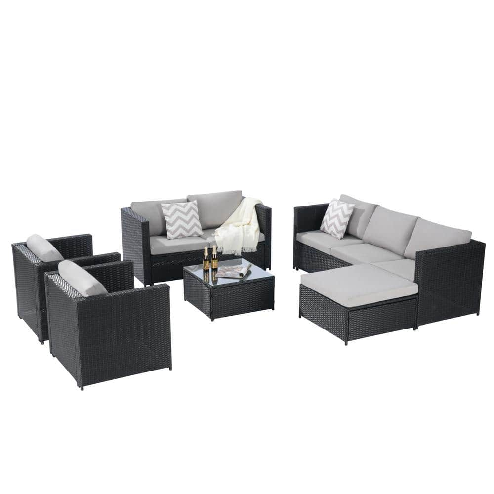 Zeus & Ruta 6-Piece Black Rattan Wicker Outdoor Sectional Sofa Set with ...