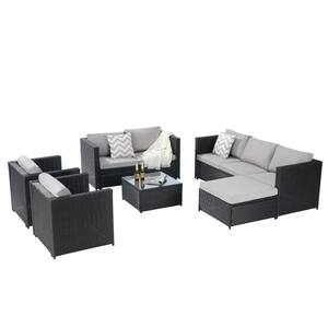 6-Piece Black Rattan Wicker Outdoor Sectional Sofa Set with Light Gray pp Cushions, Ottoman for Porch, Backyard