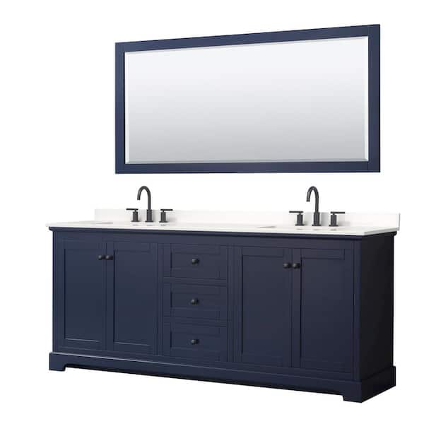 Wyndham Collection Avery 80 in. W x 22 in. D x 35 in. H Double Bath Vanity in Dark Blue with White Quartz Top and 70 in. Mirror