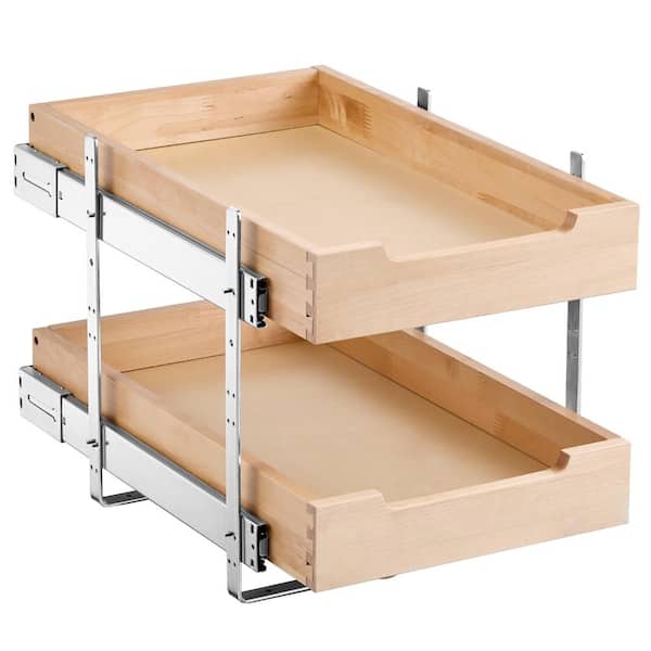2 Tier Natural Wood Pull Out Cabinet Organizer, Soft Close Slide Out Wood Drawer 14"W x 21"D