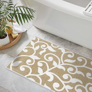 Beige Color Floral Design Cotton Non-Slip Washable Thin 3-Piece Bathroom Rugs Sets
