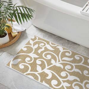 Beige Color Floral Design Cotton Non-Slip Washable Thin 3-Piece Bathroom Rugs Sets