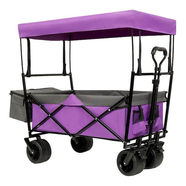20 cu. ft. 480Lbs Collapsible Steel Wagon Garden Cart Powered Wheelbarrow with Canopy Purple with Mosquito Net