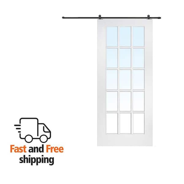 36 in. x 84 in. 15 Lite True Divided Primed MDF Assembly Required Sliding Barn Door with Hardware Kit