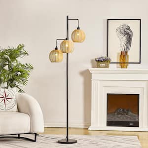 New York 71 in. 3-Light Black Tree Standard Floor Lamp with Three Woven Shades