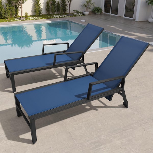 Crestlive Products 2-Piece Adjustable Aluminum Metal Armrest Outdoor Chaise Lounge in Navy