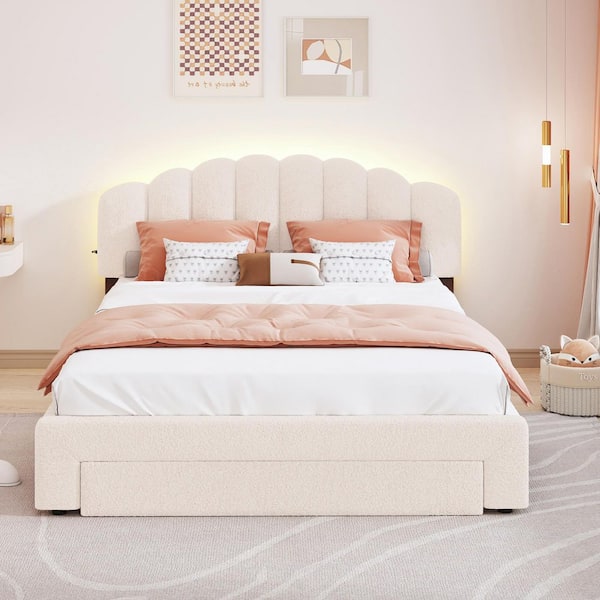 Beige Wood Frame Queen Size Platform Bed with Drawer