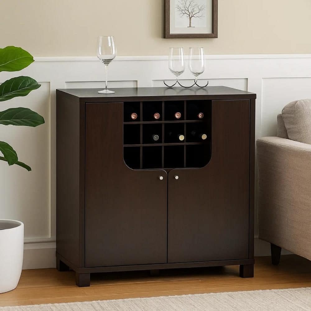 14-Bottle Red Cocoa Brown and Silver Wine Storage Cabinet