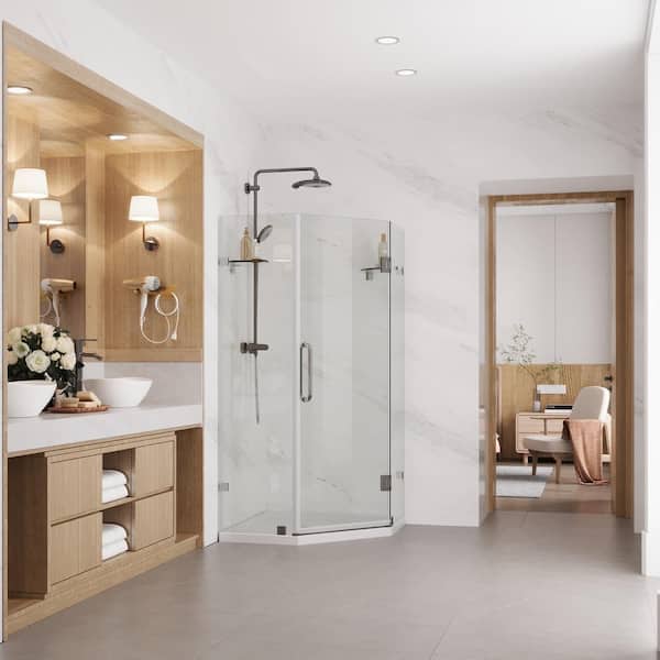 34 in. W x 73 in. H Neo-Angle Pivot Frameless Corner Shower Enclosure in Chrome with 3/8 in. Clear Glass