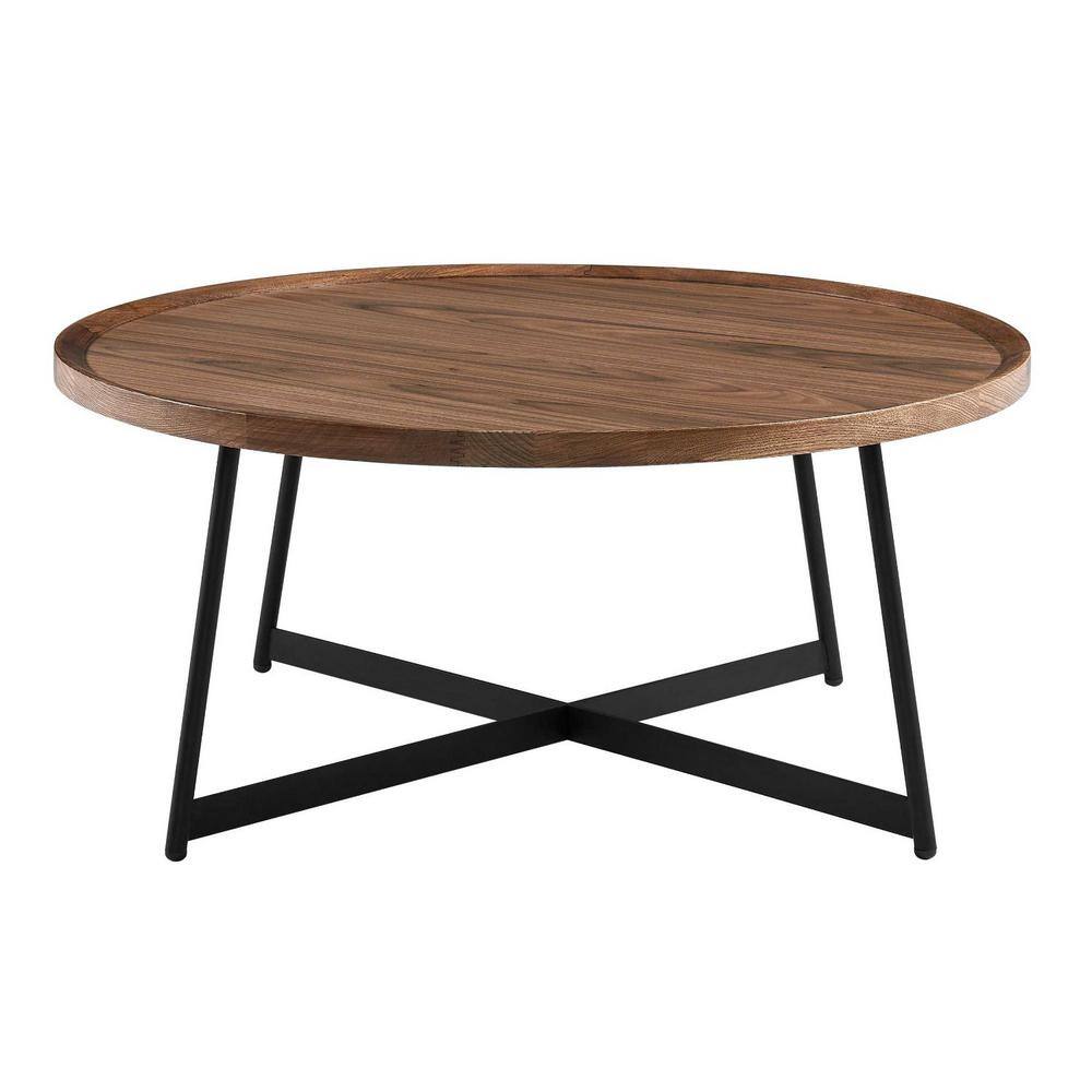 HomeRoots Amelia 36 in. Walnut Veneered/Black Medium Round Wood Coffee ...