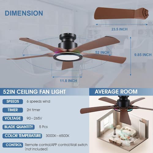 52 in. Indoor/Outdoor Modern Flush Mount Brown 6-Speed Ceiling Fan with RGB Color LED Light and Remote/APP Control Lighting