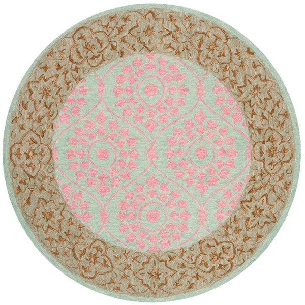 Suzani 5 ft. x 5 ft. Taupe/Pink Ornate Trellis Floral Round Area Rug