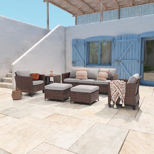 JOYESERY 6-Piece Brown Wicker Outdoor Conversation Seating Sofa Set with Side Table, Linen Grey Cushions