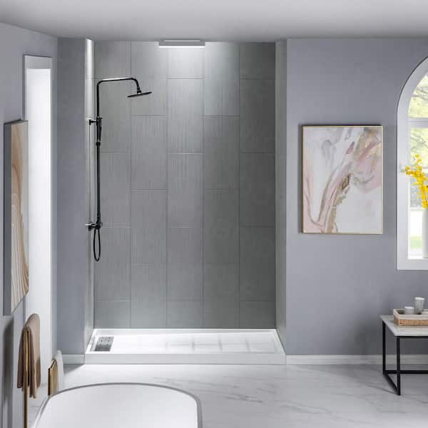 WOODBRIDGE Wooler 32 in. x 60 in. x 96 in. Solid Surface 3-Piece Easy Up Adhesive Alcove Shower Wall Surround in Matte Grey