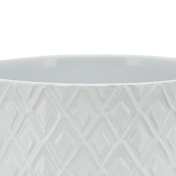 Ceramic Planter with Diamond Pattern and Wooden Stand White