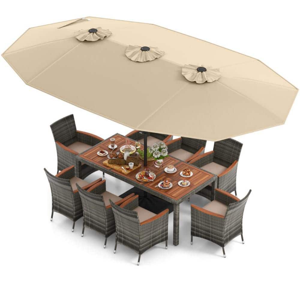 10-Piece Rattan Wicker Outdoor Dining Set with 15 ft. Double-Sided Patio Beige Umbrella and Beige Cushions price history on PriceWatchPro