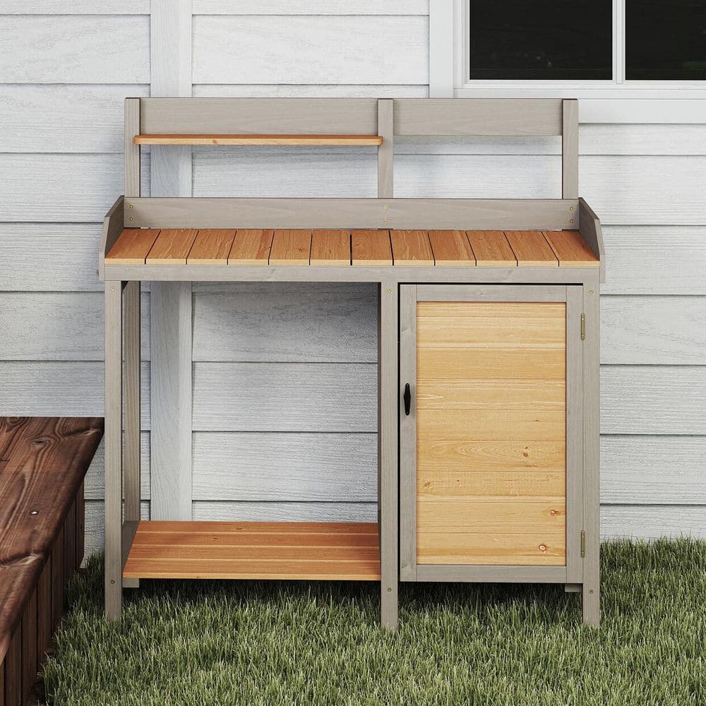 41.2 in. W x 43.3 in. H Brown Wood Outdoor Potting Bench and Table with Cab