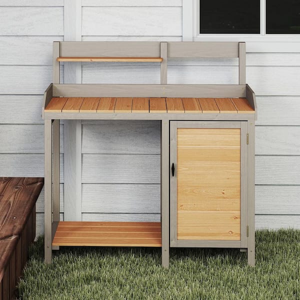 BTMWAY 41.2 in. W x 43.3 in. H Brown Wood Outdoor Potting Bench and Table with Cabinet, Garden Workstation