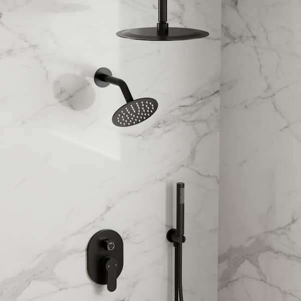 ClassicRain 10in. and 6in. 3-Spray Dual Ceiling Mount Fixed and Handheld Shower Head 2.5 GPM in Matte Black with Valve
