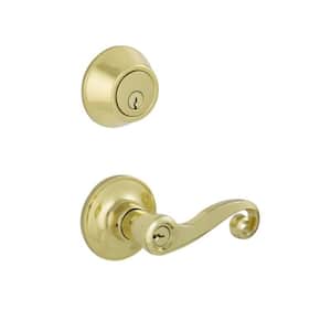 Bright Brass Entry Single Cylinder Deadbolt and Acton Keyed Handle Combo Pack