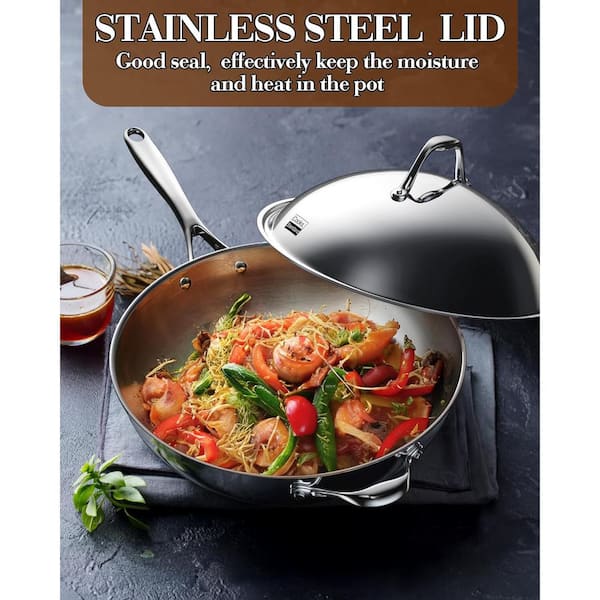 13 in. Multi-Ply Clad Stainless Steel Wok Stir Fry Pan with Dome Lid