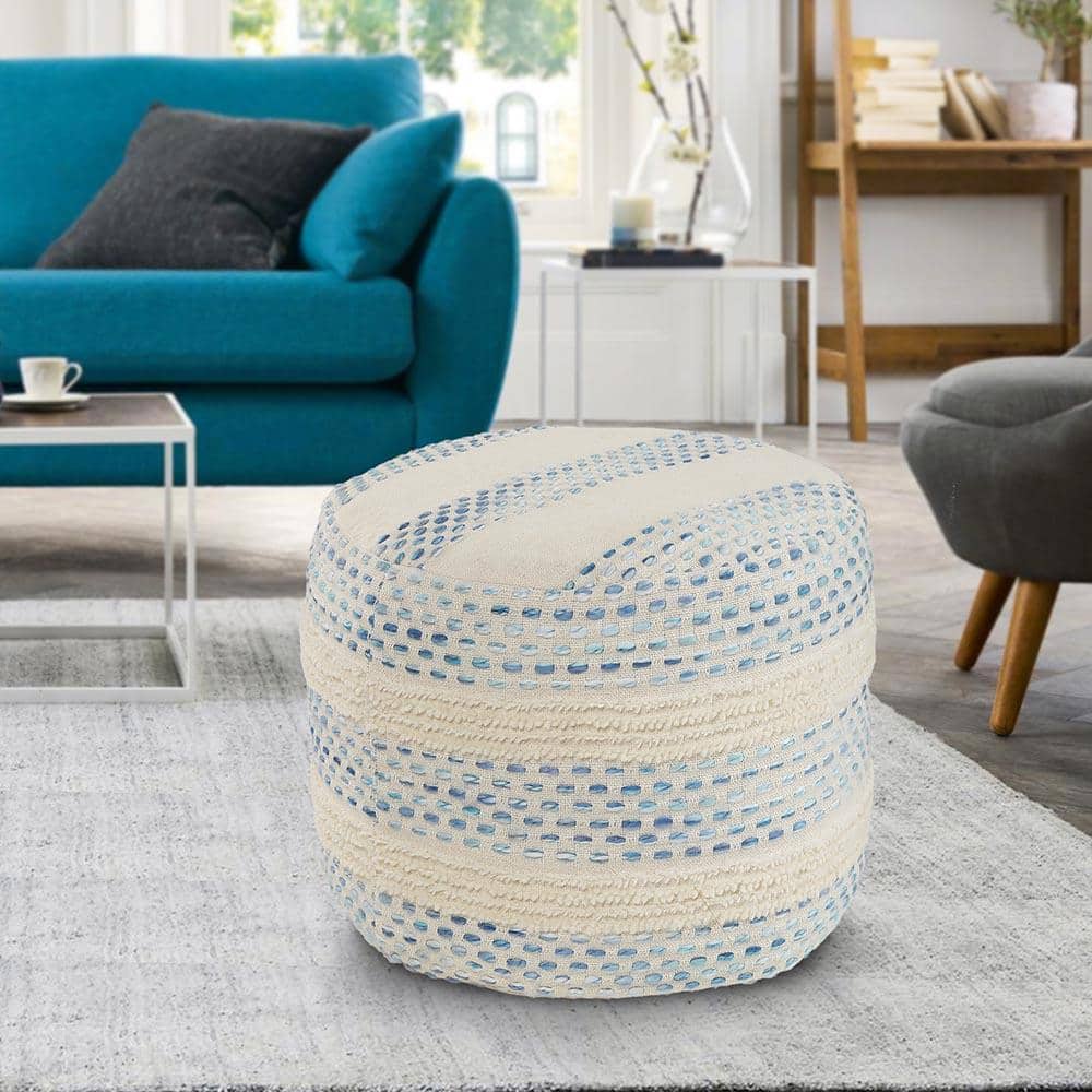 Blue and Cream Tufted Round Cotton Blend Pouf