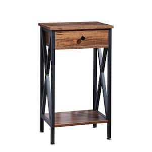Brown Modern End Side Table with Storage Space 1-Drawer and X-Design Nightstands 15.7 in. L x 11.8 in. W x 27.6 in. H