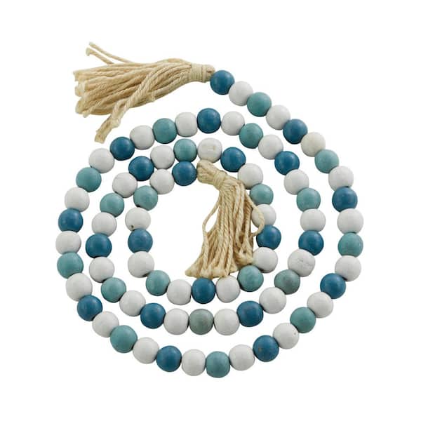 Litton Lane Blue Handmade Mango Wood Round Long Carved Beaded Garland with Tassel