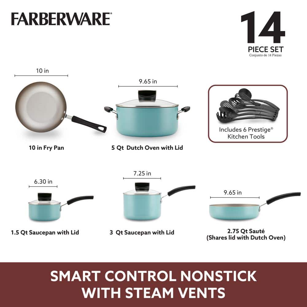 Aqua Blue 14-Piece Nonstick Aluminum Cookware Set