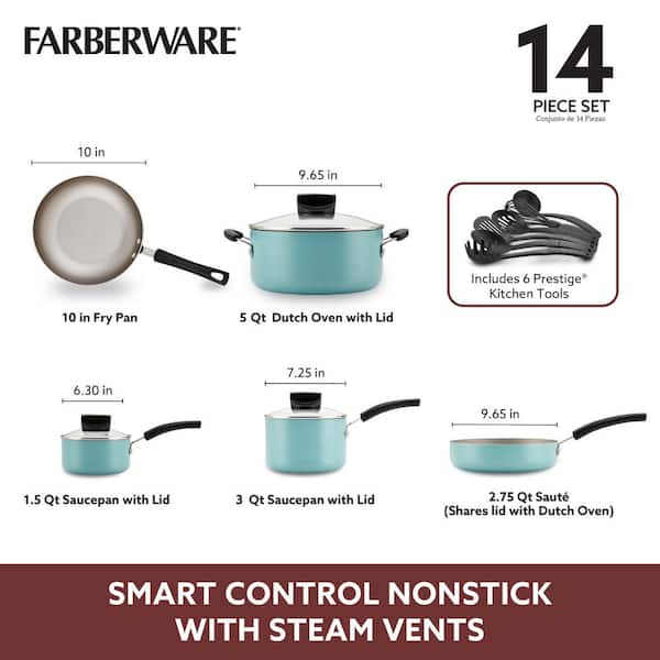 Farberware 14-Pc. Smart Control Nonstick Aluminum Cookware Set Aqua