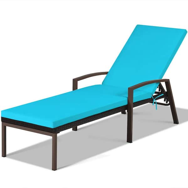 Gymax Adjustable Patio Rattan Chaise Recliner Lounge Chair with Turquoise Cushion