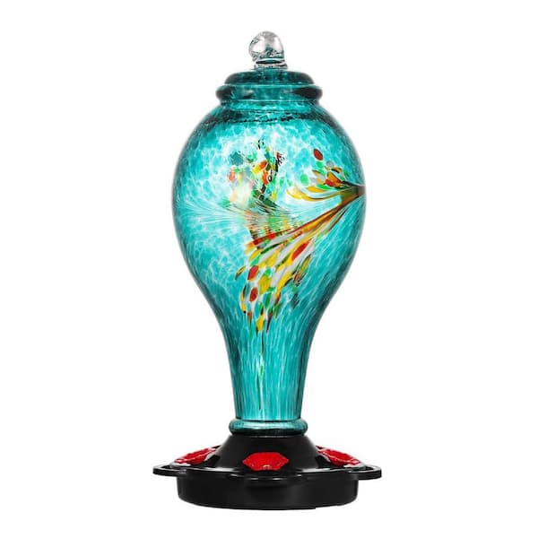 Justincity Blue Finish Hand-Blown Glass Hummingbird Feeders 36 Fluid  oz.  5 Feeding Metal Stations with Ant Moat