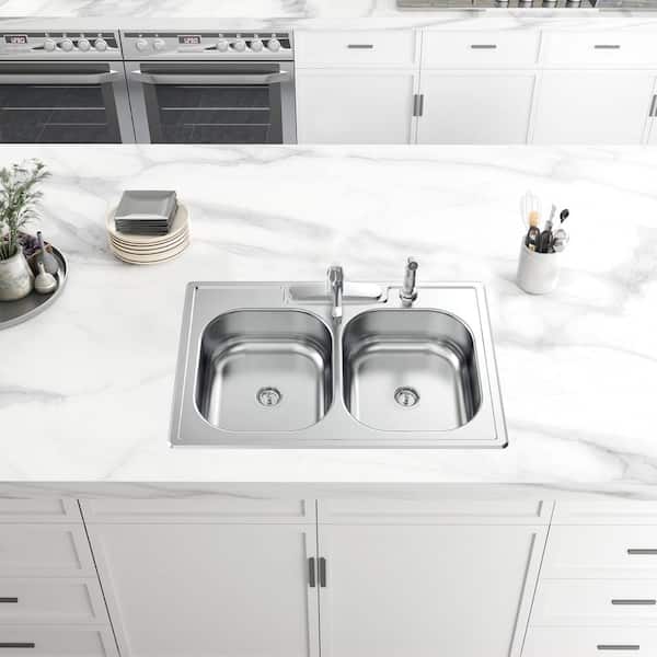 Glacier Bay 33 in. Drop-In 50/50 Double Bowl 20 Gauge Stainless Steel  Kitchen Sink HDDB332284 - The Home Depot